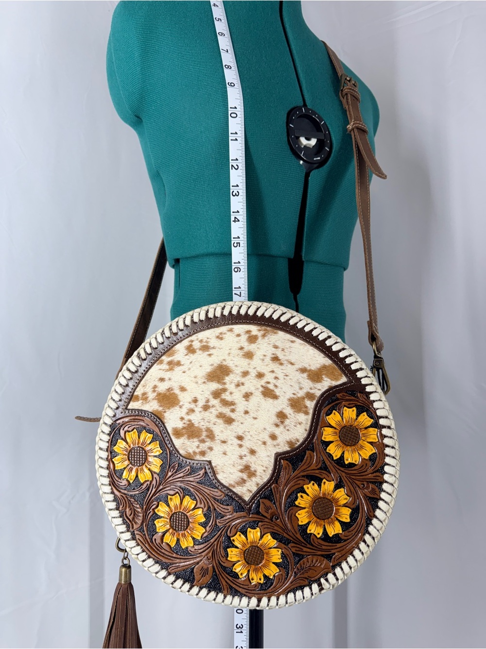 Myra Bag Brown and Cream Hand-Tooled Sunflower Round Crossbody - Picture 2 of 8